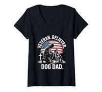 Womens Veteran Believer Dog Dad American Flag Tribute V-Neck T-Shirt