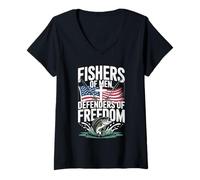 Womens Veteran Fisherman Defender of Freedom Patriotic US Flag V-Neck T-Shirt