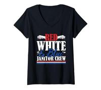 Womens Veteran US Flag Red White & Blue Janitor Crew V-Neck T-Shirt