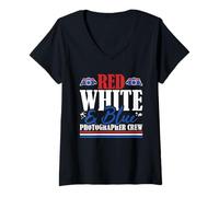 Womens Veteran US Flag Red White & Blue Photographer Crew V-Neck T-Shirt