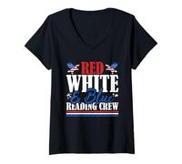 Womens Veteran US Flag Red White & Blue Reading Crew V-Neck T-Shirt