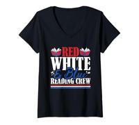 Womens Veteran US Flag Red White & Blue Reading Crew V-Neck T-Shirt