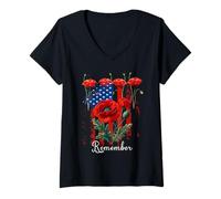Women's Veterans Day, Red Poppy, Flanders Field, Remember V-Neck T-Shirt