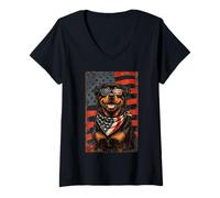 Women's Veterans Day USA American Flag Rottweiler V-Neck T-Shirt