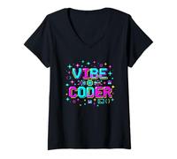 Women's Vibe Coder Pixel Art Retro AI Artificial Intelligence V-Neck T-Shirt