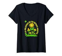 Womens Vibra Feliz Retro con Flor Sonriente y Hongos Psicodélicos V-Neck T-Shirt