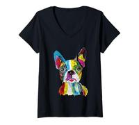Women's Vibrant Abstract Boston Terrier Dog Art Colorful Design V-Neck T-Shirt