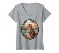 Womens Vibrant Abstract Cat Portrait V-Neck T-Shirt
