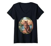 Womens Vibrant Abstract Cat Portrait V-Neck T-Shirt