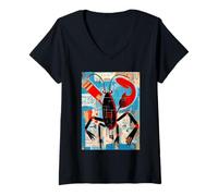 Women's Vibrant Abstract Lobster Marine Art V-Neck T-Shirt