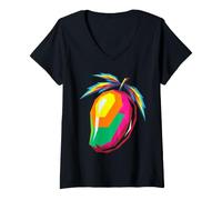 Women's Vibrant Abstract Mango Tropical Fruit Art V-Neck T-Shirt