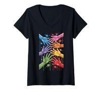 Womens Vibrant Colorful Hands of Unity Harmony V-Neck T-Shirt
