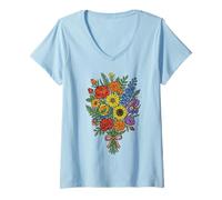 Women's Vibrant Floral Bouquet Rainbow Ribbon Subtle Pride Month V-Neck T-Shirt
