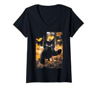 Women's Vibrant Green Cat Waving Autumn Leaves Feline V-Neck T-Shirt