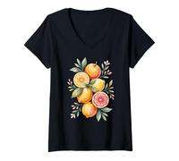 Womens Vibrant Lemons Oranges Grapefruit Floral Boho Fruit V-Neck T-Shirt
