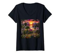 Women's Vibrant Paradise Mountain Sunrise Nature Landscape Art V-Neck T-Shirt