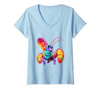 Women's Vibrant Rainbow Cartoon Lobster Smiling Sea Creature V-Neck T-Shirt