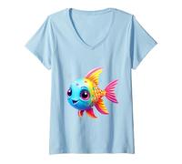 Women's Vibrant Rainbow Fish Cartoon Ocean Sea Life Design V-Neck T-Shirt
