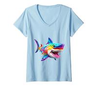 Women's Vibrant Rainbow Shark Ocean Predator Art Design V-Neck T-Shirt