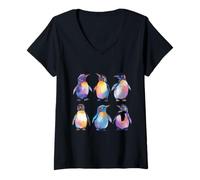 Women's Vibrant Watercolor Penguins Cute Antarctic Wildlife V-Neck T-Shirt