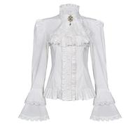 Womens Victorian Blouse Gothic Pirate Shirt Renaissance Blouse Vintage Long Sleeve Lotus Ruffle Shirt, White, M