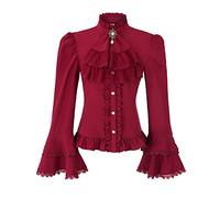 Womens Victorian Blouse Gothic Pirate Shirt Renaissance Blouse Vintage Long Sleeve Lotus Ruffle Shirt, Red, L