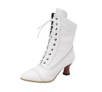 Women's Victorian Boots Mid Calf Lace up Heeled Goth Booties with Side Zip | Vintage PU Leather Pointed Toe Chunky Block Heels Witch Granny Boots Classic Trendy Costume Renaissance Shoes for Daily Wear
