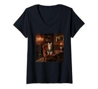 Women's Victorian Cat Library Portrait Candlelit Study Scene V-Neck T-Shirt