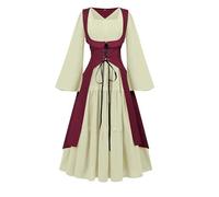 Women's Victorian Dress Gothic A-Line Pleated Hem Swing Dresses Halloween Square Collar Costume Ladies Steampunk Lace Up Corset Dress Color Matching Renaissance Maxi Dresses Vintage Gown Red