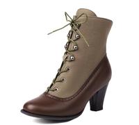 Women's Victorian Inspired Lace Up Ankle Boots Two Tone Canvas and Leather Block Heel Retro Style Fashion Daily Wear Cosplay Comfortable Walking,Brown,7 UK