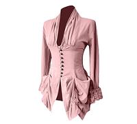 Women's Victorian Renaissance Blouse Medieval Pirate Costume Vintage Lotus Ruffle Long Sleeve Shirt Peasant Tops Pink