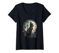Womens Victorian Steampunk Black Cat Wearing a Top Hat V-Neck T-Shirt