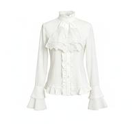 Women's Victorian Style Blouses Ruffled Stand Collar Long Sleeve Lace Trim Tops Button Front with Jabot Collar and Flared Cuffs Vintage Inspired Elegant Design Lolita Gothic Formal Events White