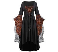 Women's Victorian Witch Halloween Costume, Elegant Gothic Medieval Dress with Lace Sleeves for Masquerade Party, Plus Size Halloween Outfits for Women Orange