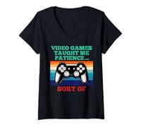 Womens Video-Game Taught Me Patience Gaming Funny Console Gamer V-Neck T-Shirt