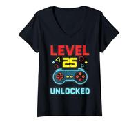 Womens Video Games Level 25 Unlocked 25th Birthday Gamer Boys Girls V-Neck T-Shirt