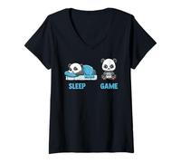 Women's Video Gaming Panda Sleep and Game Sleep Game V-Neck T-Shirt