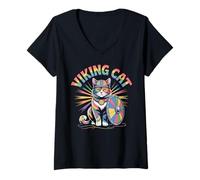Womens Viking Cat Shield Helmet Yarn Ball Warrior V-Neck T-Shirt