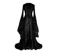Womens Viking Costume, Halloween Costumes for Women Medieval Witch Dress with Flare Sleeves Vintage Victorian Renaissance Gothic Party Cosplay Outfit, Black-2, M