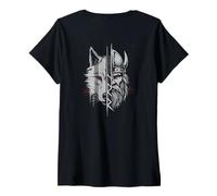 Womens Viking Warrior and Wolf Fusion Norse Mythology Art V-Neck T-Shirt