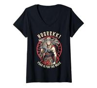 Womens Viking Woman Shield Maiden Courage Hugrekki Old Norse Wolf V-Neck T-Shirt