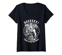 Womens Viking Woman Shield Maiden Courage Hugrekki Old Norse Wolf V-Neck T-Shirt