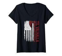 Womens Vikings Lovers Norse Viking Axe American Flag Til Valhalla V-Neck T-Shirt