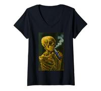 Womens Vincent Van Gogh Skull Skeleton Smoking Vape Vaping Art V-Neck T-Shirt