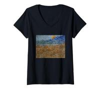 Women's Vincent Van Gogh Wheat Sheaves and Rising Moon V-Neck T-Shirt