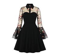 Women's Vintage 1950s Cocktail Dresses Keyhole Mesh Bell Long Sleeve Polka Dots Knee Length Swing Party Dress Retro A Line Floral Wedding Guest Tea Party Hepburn Dance Ball Gown Black-Flower XL
