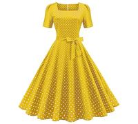 Women's Vintage 1950s Tea Dress Vintage Rockabilly Short Sleeve Polka Dots A Line Swing Midi Dress Cocktail Party Evening Prom Gown (Yellow, S)