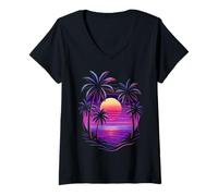Womens Vintage 80s Palm Tree Miami Beach Retro Sunset Vacation Vibe V-Neck T-Shirt