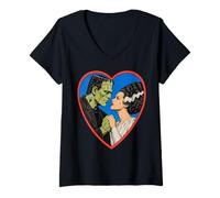 Women's Vintage 90s Frankenstein Monster and Bride Romantic Kiss V-Neck T-Shirt