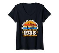 Womens Vintage 90th Birthday 90-Year-Old Fishing Lovers Born 1936 V-Neck T-Shirt